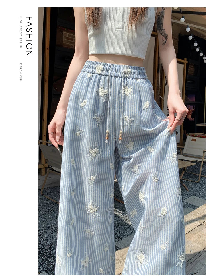 Vintage Blue Striped Embroidered Wide-leg Pants Women's Summer 2026 High-waisted Lace Stitching Casual Straight Trousers Popular
