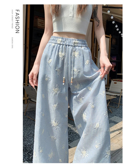 Vintage Blue Striped Embroidered Wide-leg Pants Women's Summer 2026 High-waisted Lace Stitching Casual Straight Trousers Popular