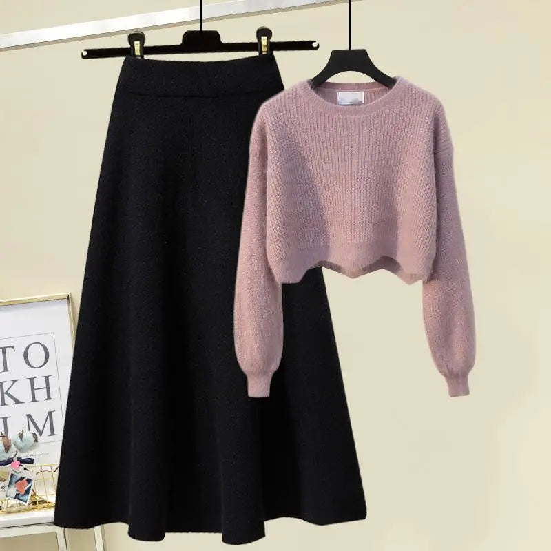 plus Size Women's Autumn Winter Knitted Sweater White Half-length Skirt Two-piece Set Slimming Concealing Anti-aging