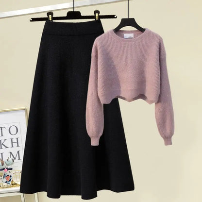 plus Size Women's Autumn Winter Knitted Sweater White Half-length Skirt Two-piece Set Slimming Concealing Anti-aging