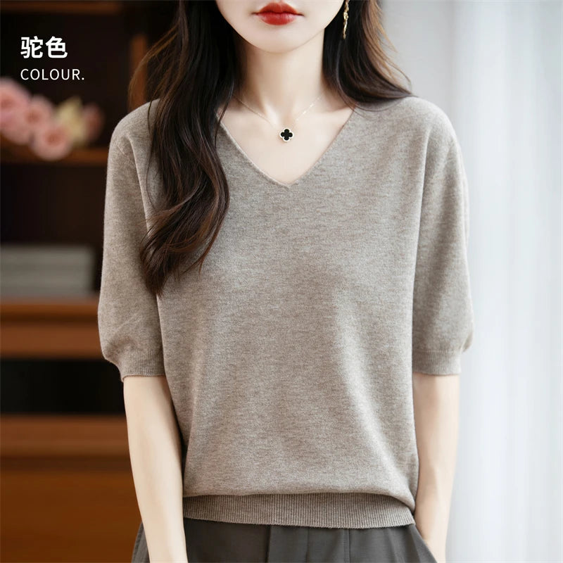Thin Worsted Wool Short-Sleeved Women's Loose Round Neck T-shirt Printed Summer Fashion Knitted Bottoming Shirt Half-Sleeved