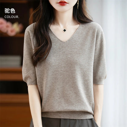 Thin Worsted Wool Short-Sleeved Women's Loose Round Neck T-shirt Printed Summer Fashion Knitted Bottoming Shirt Half-Sleeved