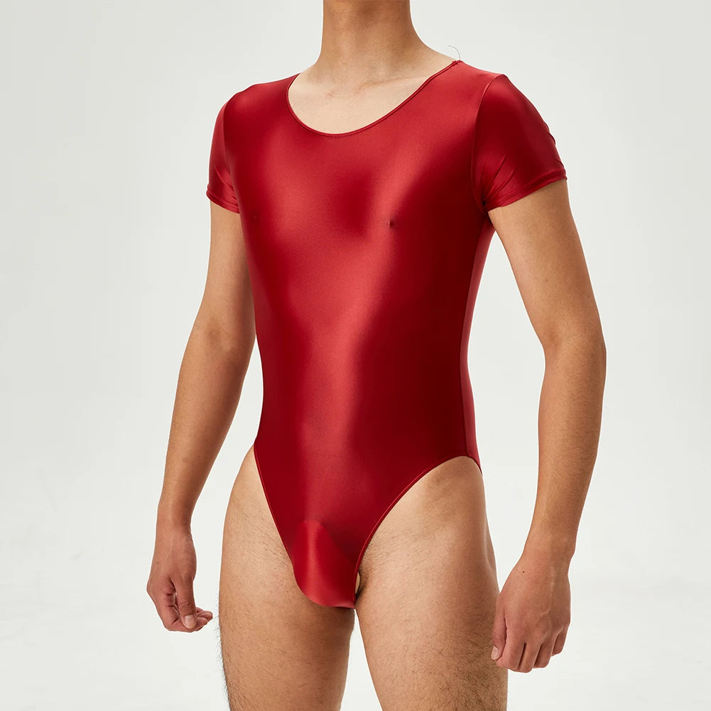 Men's Bodysuit Short Sleeve Oil Shiny High Cut Shapers Leotard Elastic Man Women Sexy Lingerie Jumpsuit Underwear