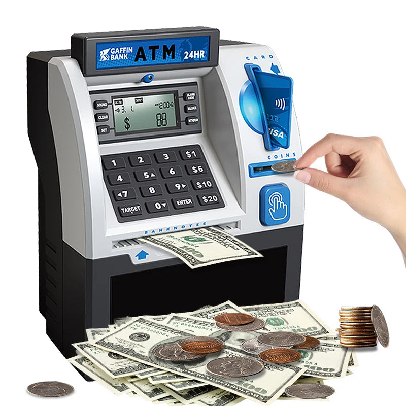 Children Mini Bank Electric ATM Machine Simulation Savings Piggy Bank with Power-Off Memory and Debit Card Pretend Toys for Kids