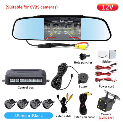 Rearview Mirror Reverse Radar 4 Probes Anti-dazzling Original Fit Parking Monitor Detector Auto Safety Auxiliary System