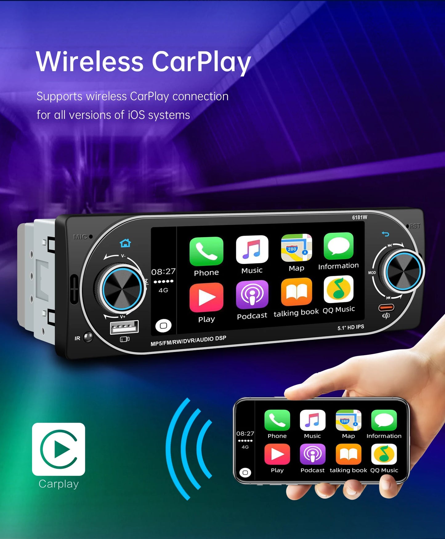 5.1Inch 1Din Car Radio MP5 IPS HD Player Support Wireless Carplay Android Auto Bluetooth FM AM RDS Stereo USB WIFI Video Player