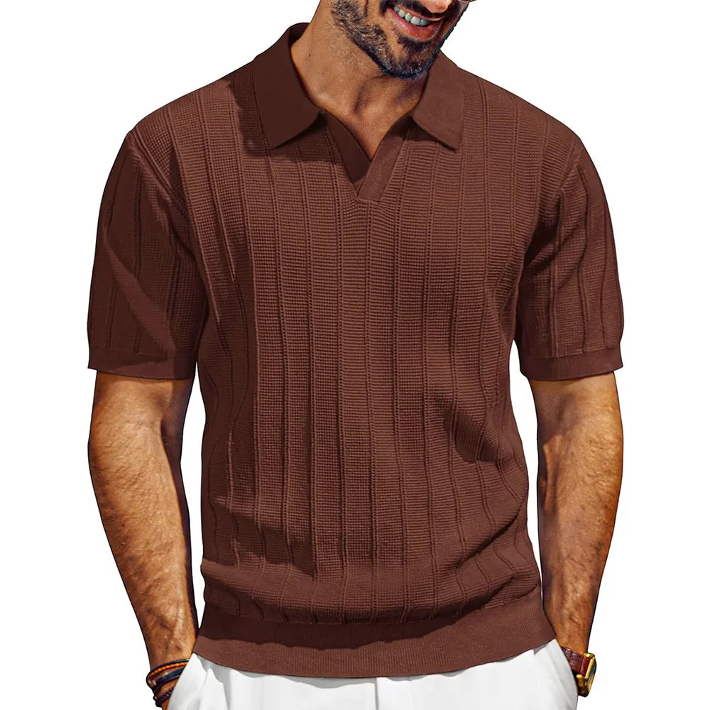 Men's Knit Polo Shirt Short Sleeve V Neck Ribbed Casual Summer Top 2026