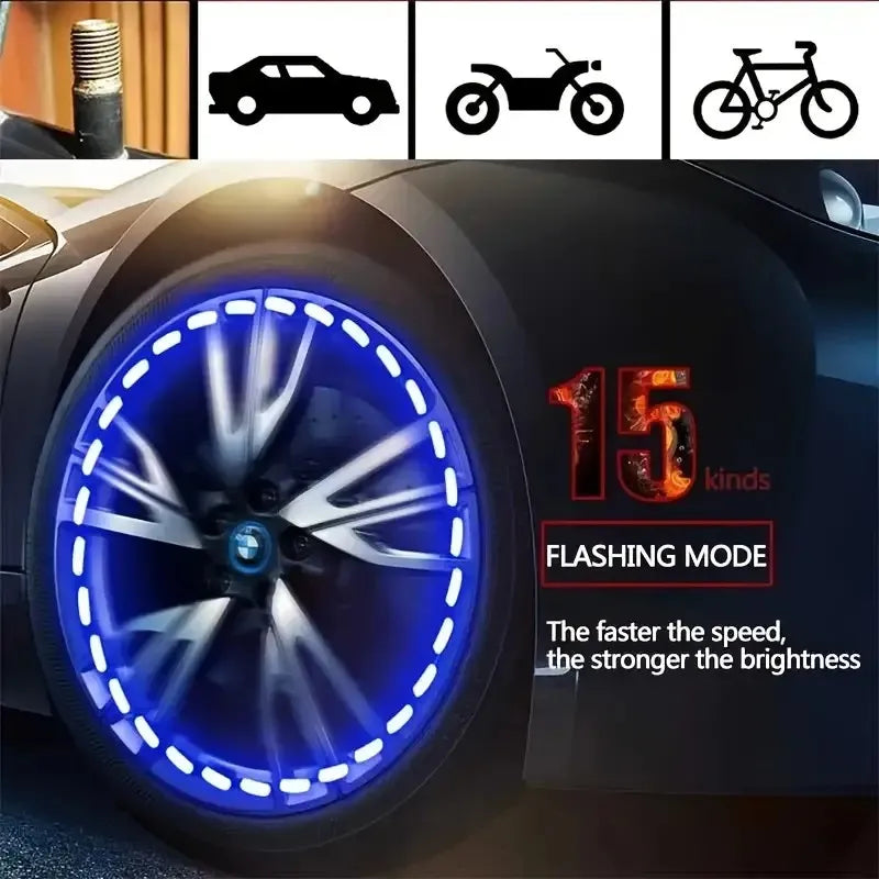 4pcs Solar-Powered LED Wheel Lights for Cars & Motorcycles - Smart Tire Valve Caps with 4 Modes No Battery Required