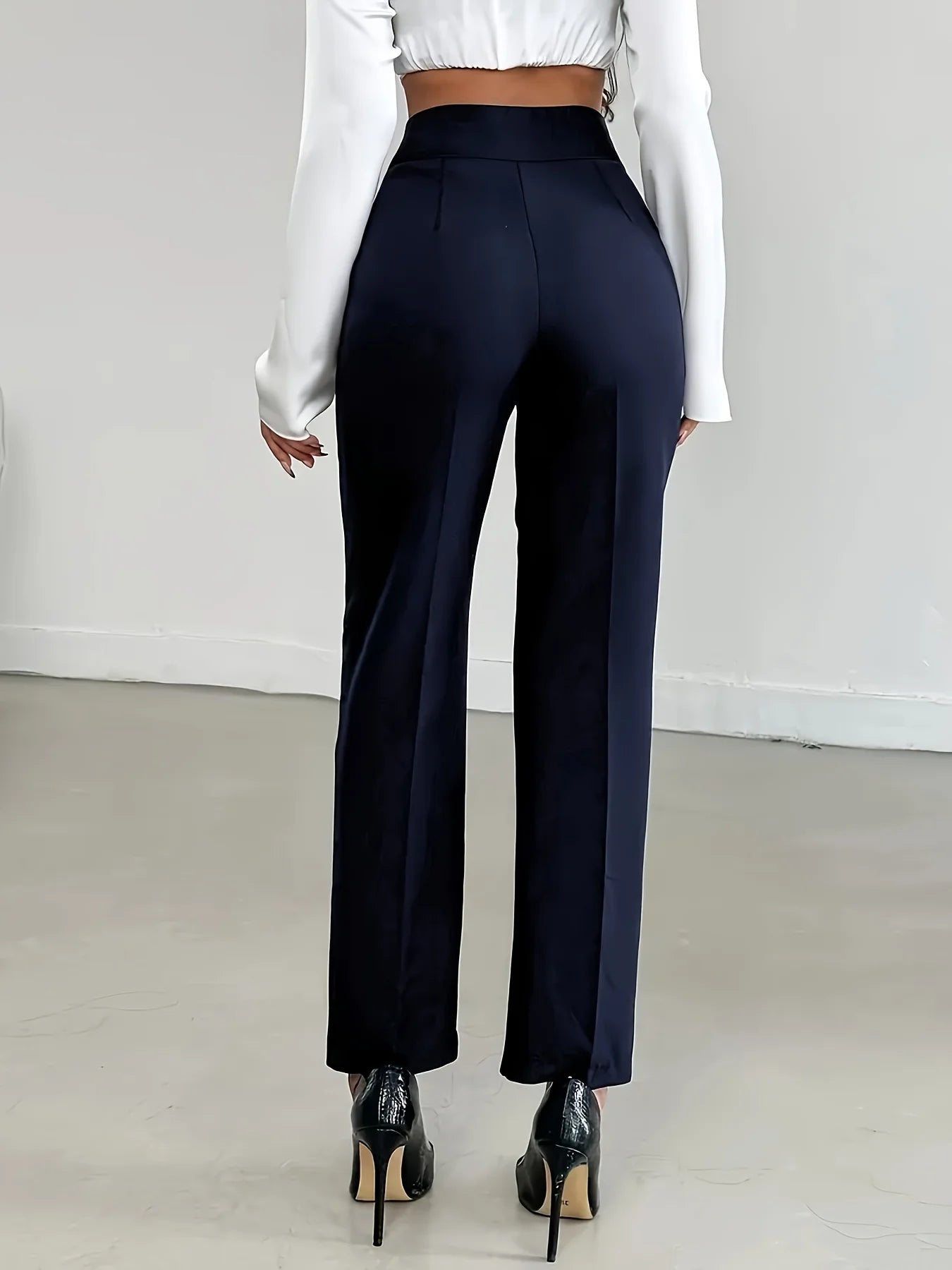 Navy Blue High Waist Trousers Tailored Straight Leg Office Pants with Button Closure Elegant  Comfortable for Work  Casual