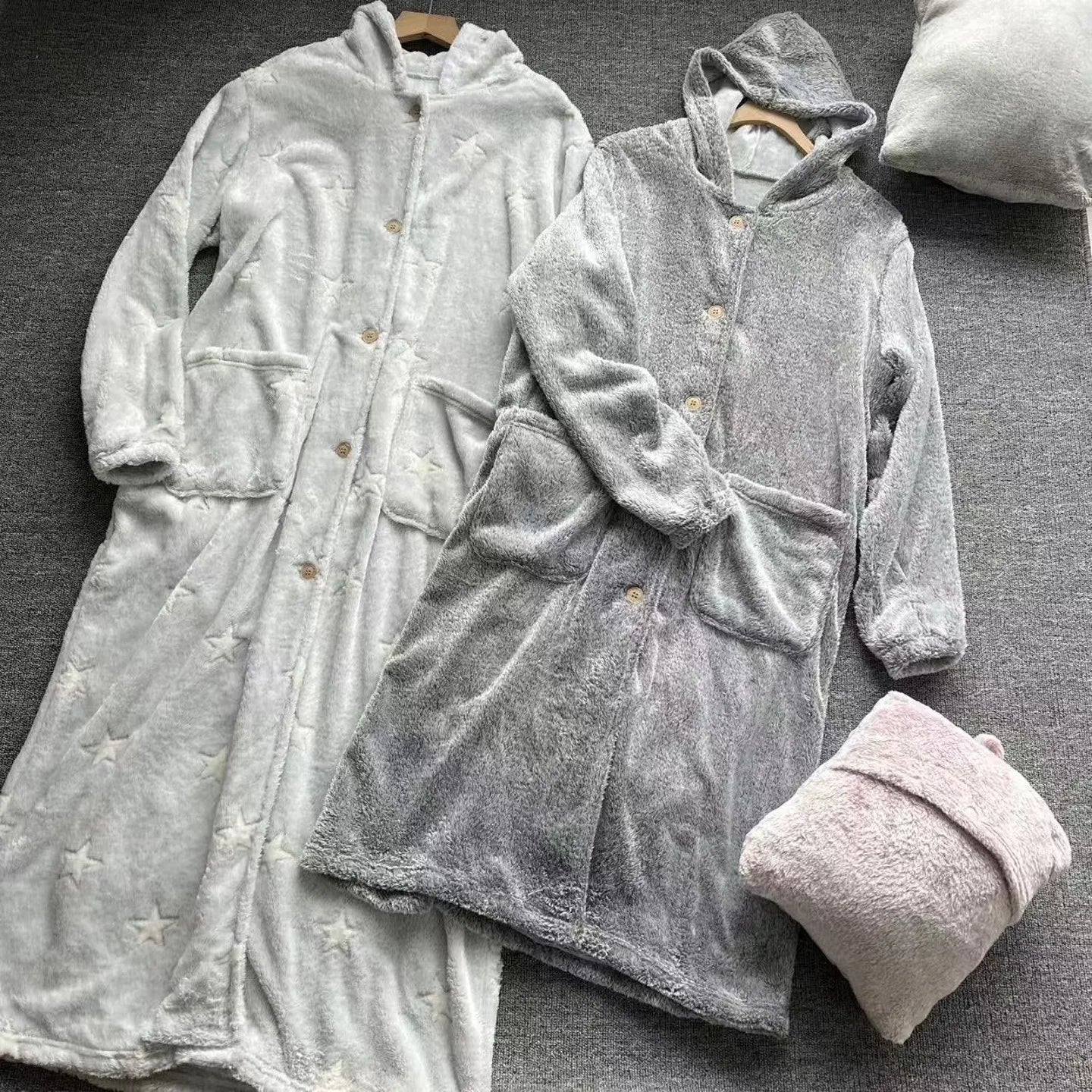Couple's Hooded Sleep Robe Men's Women's Winter Long Length Heat Generating Drawstring Home Wear Couples' Sleepwear