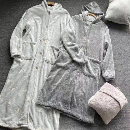 Couple's Hooded Sleep Robe Men's Women's Winter Long Length Heat Generating Drawstring Home Wear Couples' Sleepwear
