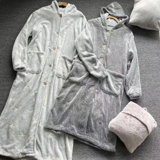 Couple's Hooded Sleep Robe Men's Women's Winter Long Length Heat Generating Drawstring Home Wear Couples' Sleepwear