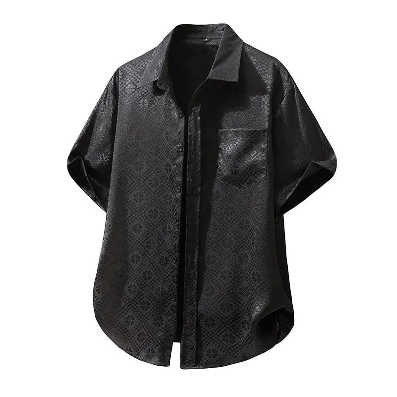 Men's Summer Fashion Satin Short Sleeve Hawaiian Shirt Casual Solid Beach Holiday Smooth Silk Stylish Printed Mens Shirt
