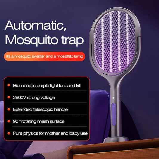 Space Silver Telescopic Bug Zapper 2-in-1 Foldable Fly Swatter UV Light Mosquito Killer Lamp Family Safe Home Bedroom 2800V