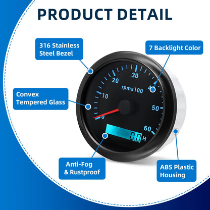 AD 85MM Tachometer with LCD Hour Meter For Marine Boat Car RPM Gauge 0-3000 4000 8000 RPM Meter Tach Sensor 7Colors Backlight