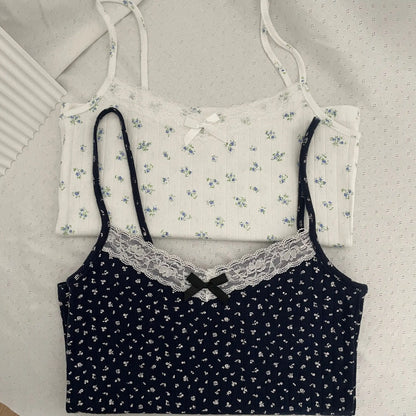 Bow Floral Eyelet Lace Trim Tank Tops Women Summer Cotton Sleeveless Slim Camisole Girls Sweet Cute Preppy Style Crop Top Y2K