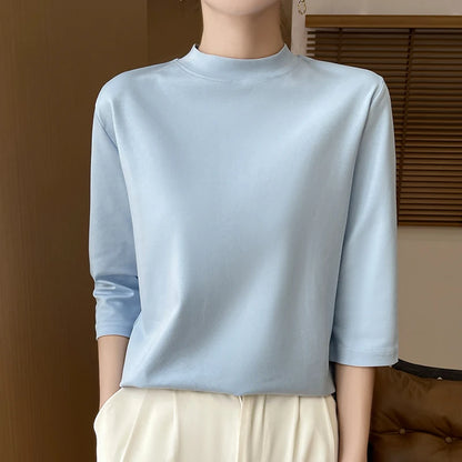 Summer And Autumn New 100% Cotton T-shirt Women's Semi-High-Necked Cropped Sleeves Loose Solid Color Bottoming Top