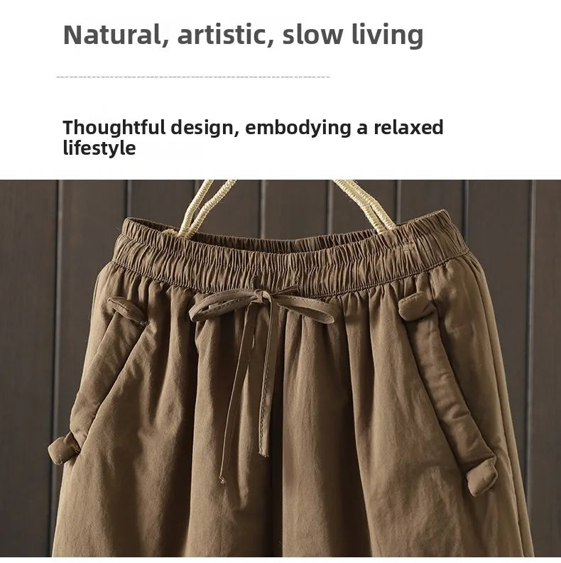 Retro  Color Cotton Filled Casual Loose Harem Pants Small Footed Trousers Winter Outerwear for Women plus Size