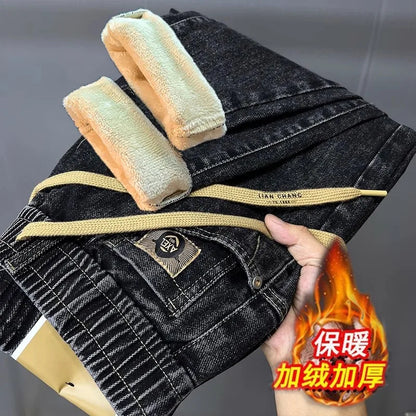 Warm Fleece Lined Elastic Waist Casual Straight Leg Men's Jeans Premium Quality Autumn Winter Thickened Stretch Denim Pants