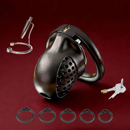 Male Chastity Cage with Lock and 5 Rings Resin Penis Lock for Men Breathable Cock Ring Penis Restrain Chastity Device Sex Toys
