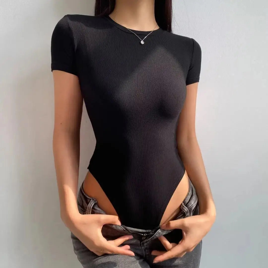 Summer Short Sleeve O-neck Knitted Bodysuits Women Stretchable Slim Basic Solid Color Tops