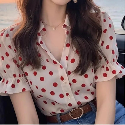 Ladies Fashion Loose Simplicity Elegant Trend Vintage Women's Shirt Buttons Polka Dot Flare Sleeve Temperament Short Sleeve Top