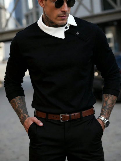 Men's light business vacation two-piece contrasting collared sweatshirt with spring and autumn waffle design casual long sleeved