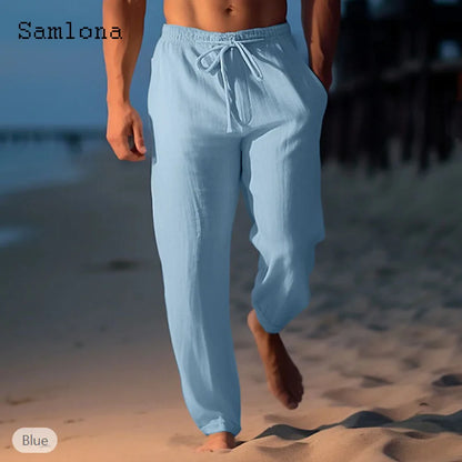 2026 new fashionable casual cotton and linen pants, solid color and ankle pants, plus size men's drawstring casual sports pants