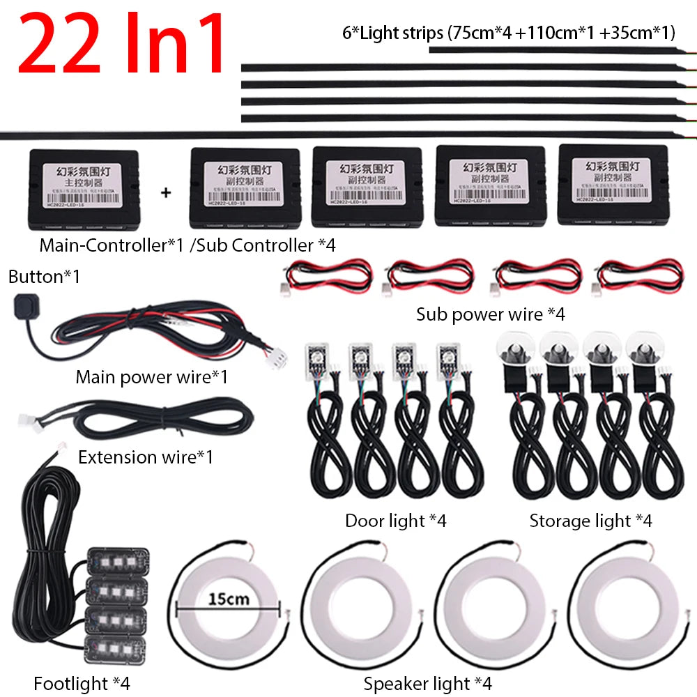 18 in 1 22in 1 RGB Symphony Car Atmosphere Strip Interior LED Acrylic Guide Backlight Universal Decoration Ambient Rainbow Light