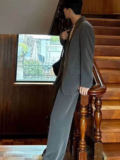 American Deep Grey Shoulder Padded Men's Casual Suit Two-Piece Set Non-Ironing Leisure Single West Casual Pants Long Pants