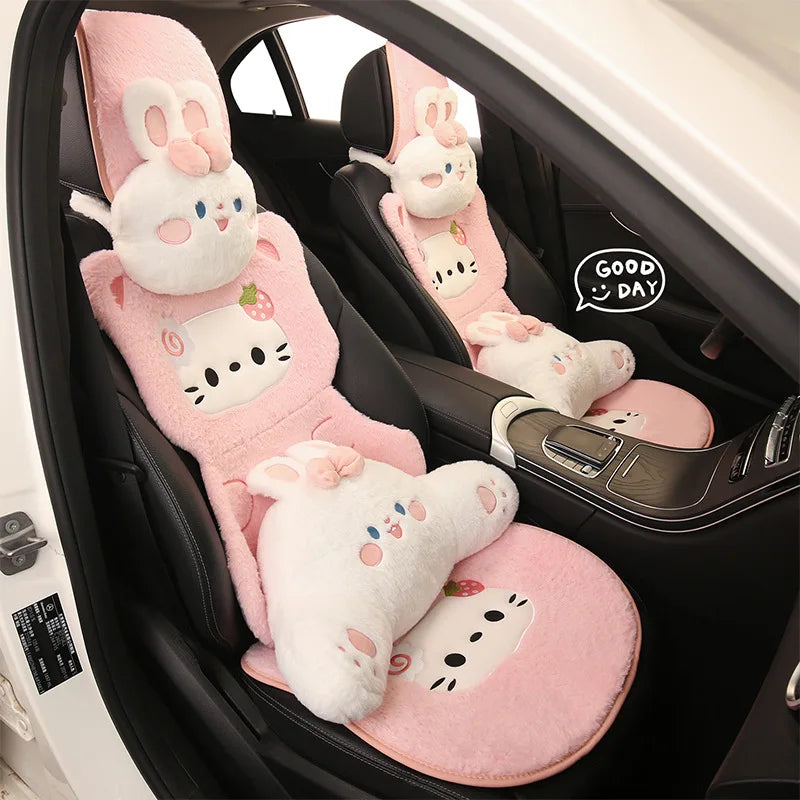 Hello Kitty Winter Plush Car Cushion Cover Cute Pink Warm Cartoon Women's Universal Warmth Seat Covers Auto Seat Accessories