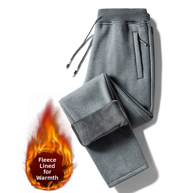 Men's Fleece Lined Loose Fit Trousers Korean Style Casual Pants with Pockets Zipper Closure Autumn Winter Outerwear Cargo Pants