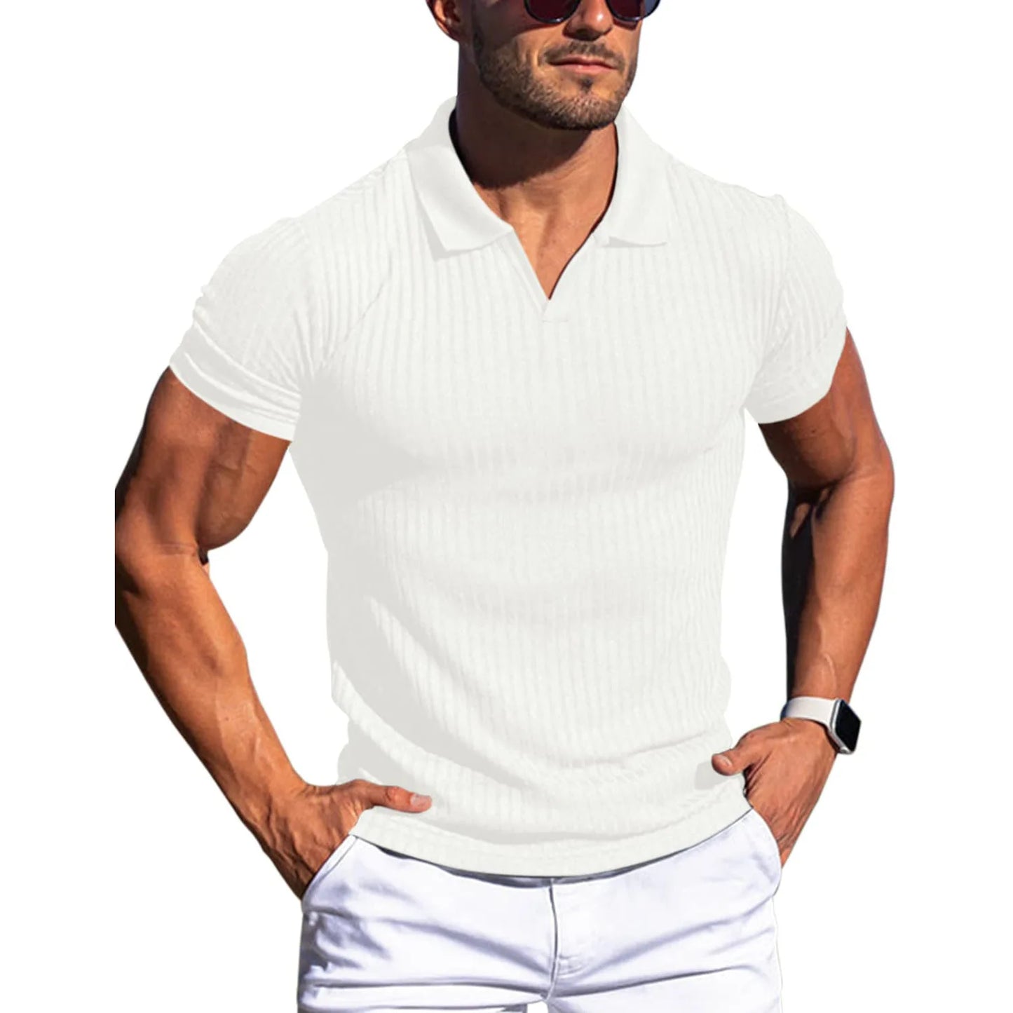 Men's Ribbed V-Neck Polo Shirt Summer Breathe Slim Fit Short Sleeve T-Shirt Men Casual Business Fashion T-Shirt