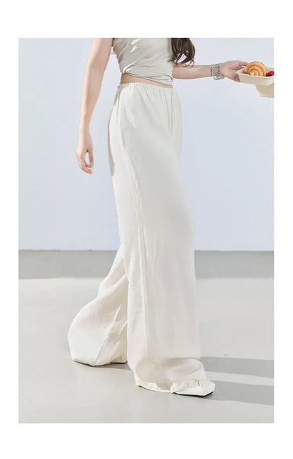 Loose wide-leg pants, classic style, drapey floor-length with drawstring, versatile thin linen straight casual pants for women
