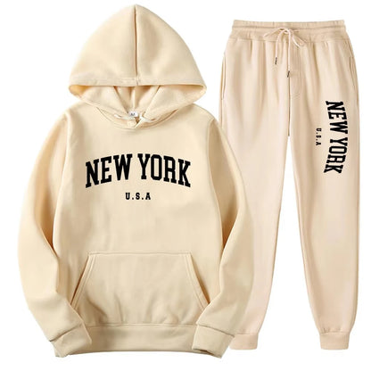 New York Print Hoodies Casual American Style Hoodie Set Mens Autumn Long Sleeves Hooded Loose Pullover Street Sweatshirt