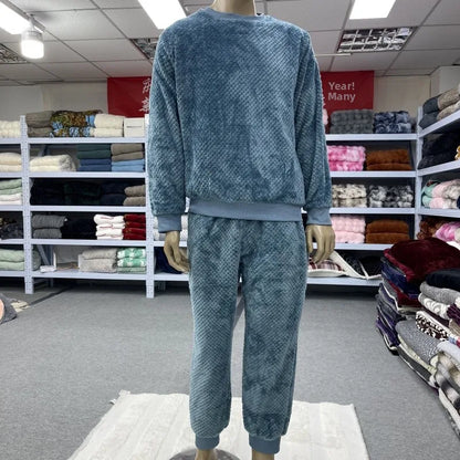 Couples Flannel Sleepwear Hooded Home Clothes Set Men Women Casual Warm Long Sleeve round Neck Wide Leg Pants Comfortable