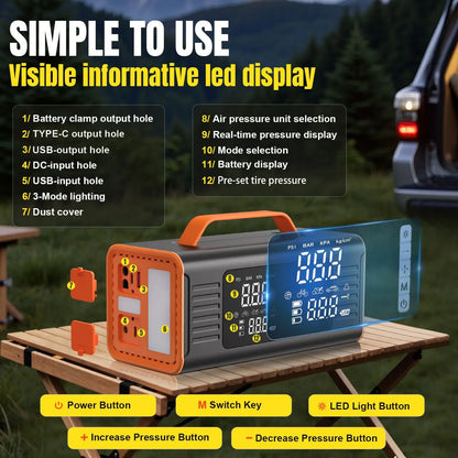 Integrated Jump Starter & Air Compressor — Button-Operated with Digital Display — Electric Tire Inflator Pump