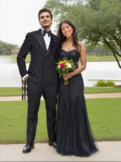 Black Opulent Crystal Men's Suit 2 Pieces Wedding Groom Sets Plus Size Man Slim Fit Suits Set Party Prom Wear Elegant Tuxedo