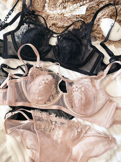 Sexy Hollow Women Underwear Lace Floral Embroidery French Ultra Thin Cup Push Up Bra Set Adjustable Strap Brassiere Panties Sets