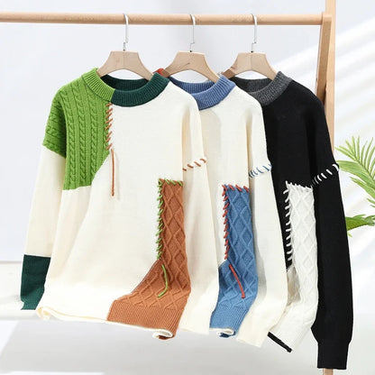 2025 New Patchwork Sweater Trend High Street Fashion Autumn and Winter Warm Men's Top Hip-hop Street Clothing
