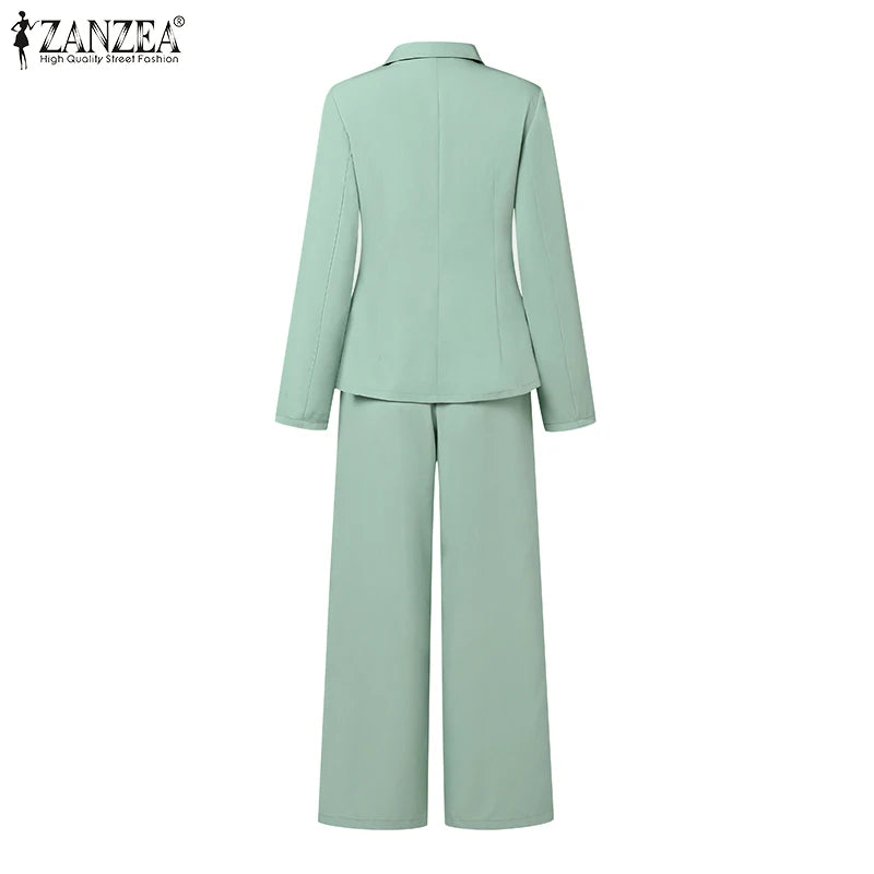 ZANZEA Classy Office Lady Blazer Suits Elegant Women Tied Waist Top and Pant 2pcs Outfit 2025 Trend Streetwear Commute Pant Sets