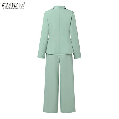 ZANZEA Classy Office Lady Blazer Suits Elegant Women Tied Waist Top and Pant 2pcs Outfit 2025 Trend Streetwear Commute Pant Sets
