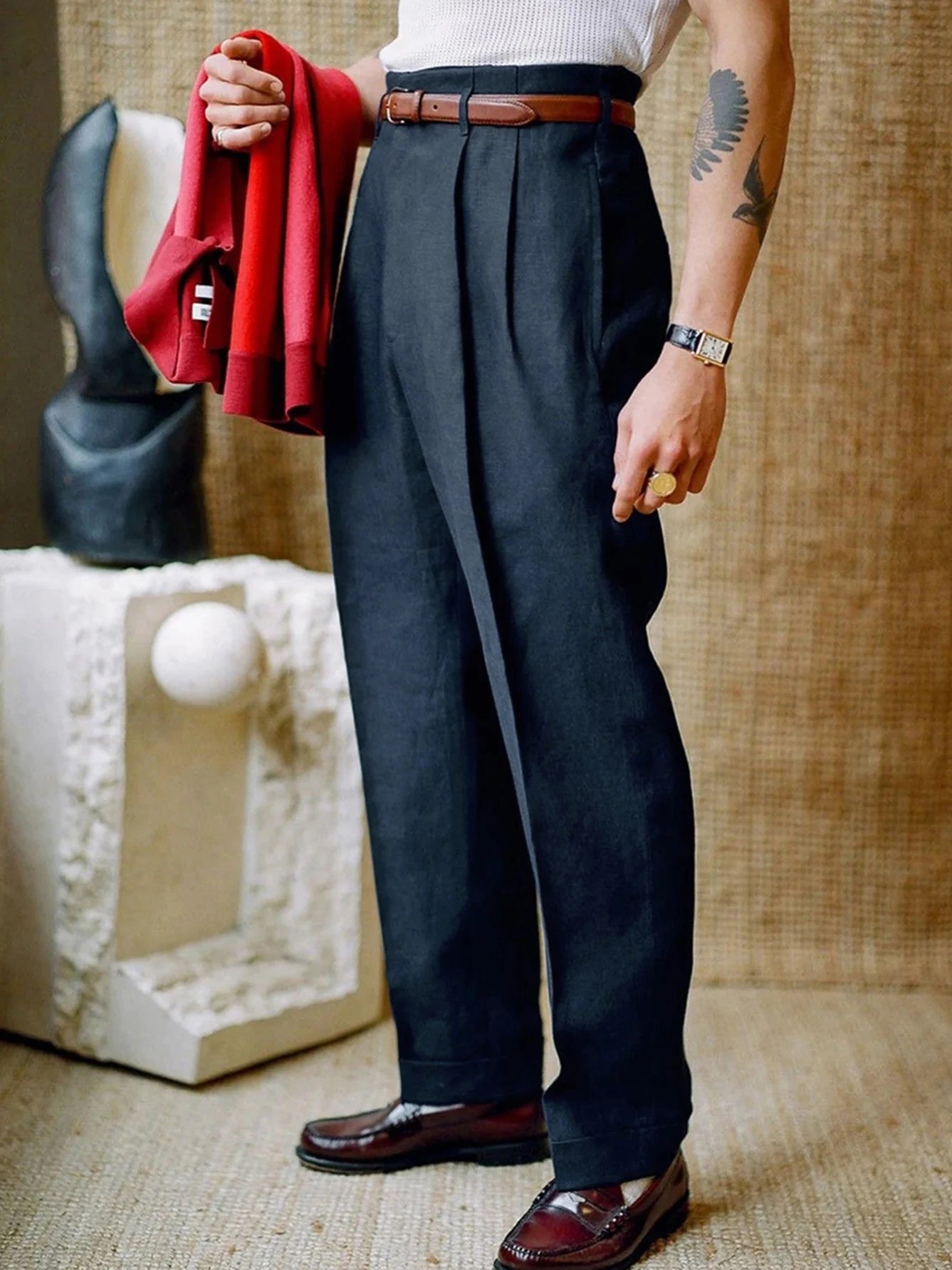 2026 SS Men's Woven Suit Pants,Straight Leg Trousers, Button & Zip Pocket,Loose Business Casual Formal Summer Pants,No Belt Pant