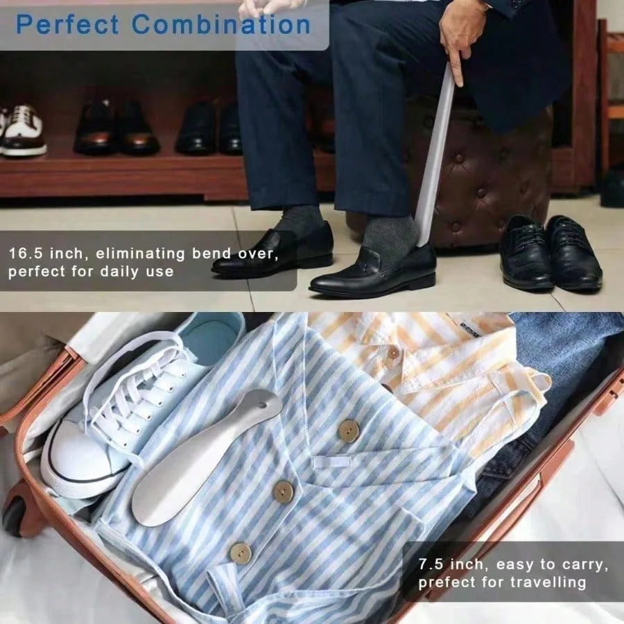Long Handle Shoe Horn Set of 2, 13 & 16 Inch, High Quality Metal with Ergonomic Handle, Makes Putting on Shoes Effortless