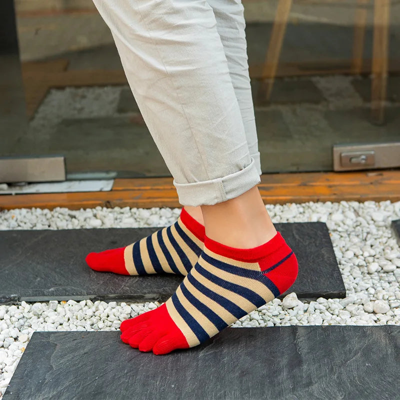 5 Pairs/lot Combed Cotton Ankle 5 Finger Socks Men Boy Striped Colorful Casual Sweat-Absorbing Breathable Boat No Show Toes Sock