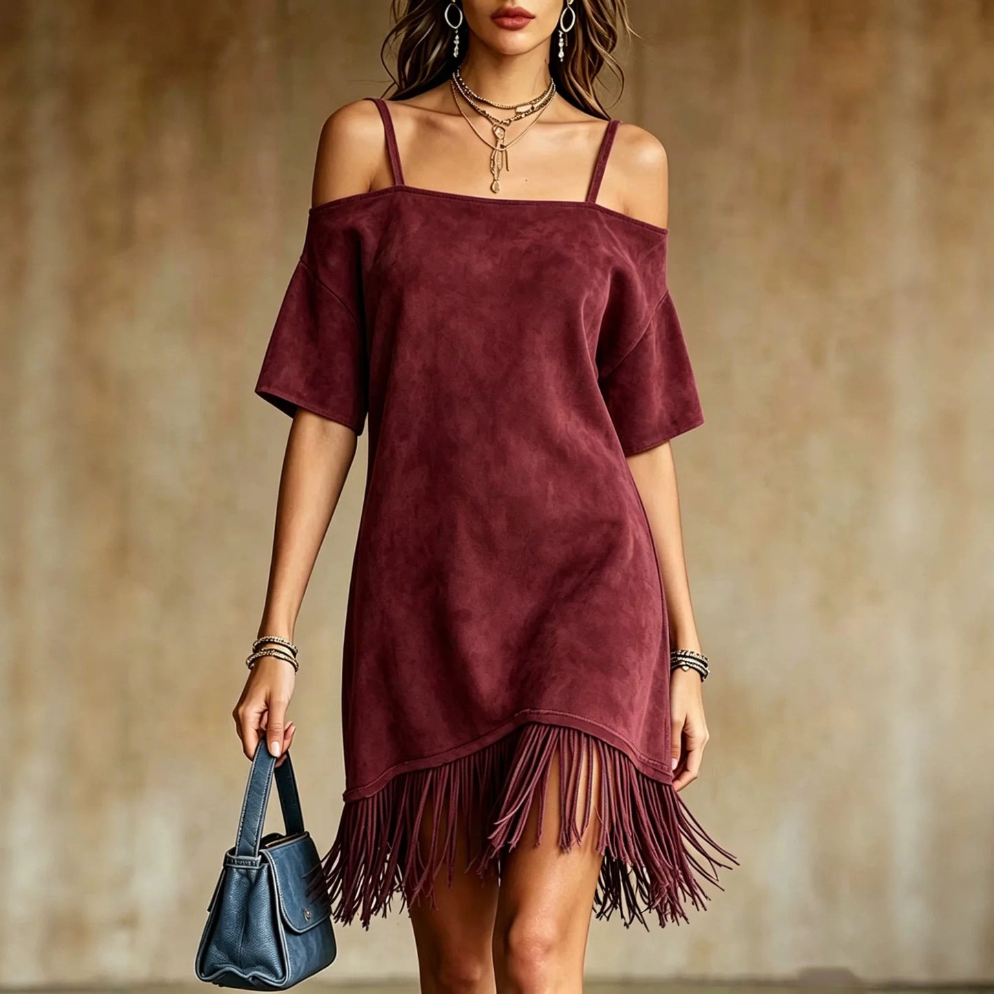 Casual Solid Color Suede Mini Dress Women Off Shoulder Spaghetti Strap Loose Fit Tassel Hem Elegant Daily Wear Chic Sundresses