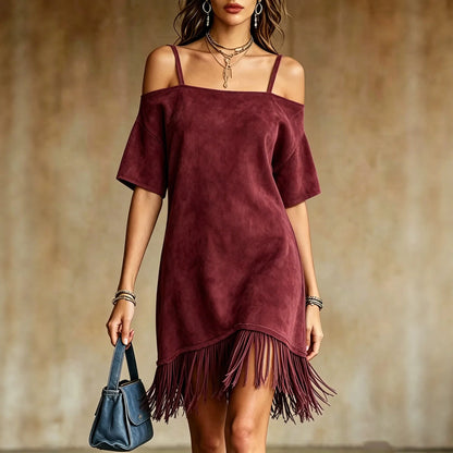Casual Solid Color Suede Mini Dress Women Off Shoulder Spaghetti Strap Loose Fit Tassel Hem Elegant Daily Wear Chic Sundresses