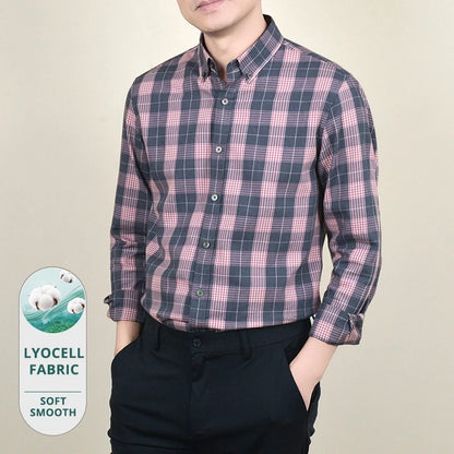 Premium Lyocell Fabric New Fashion Slim Fit Mens Shirts Checkered Business Breathable Plaid Casual Button Down Long Sleeve Top