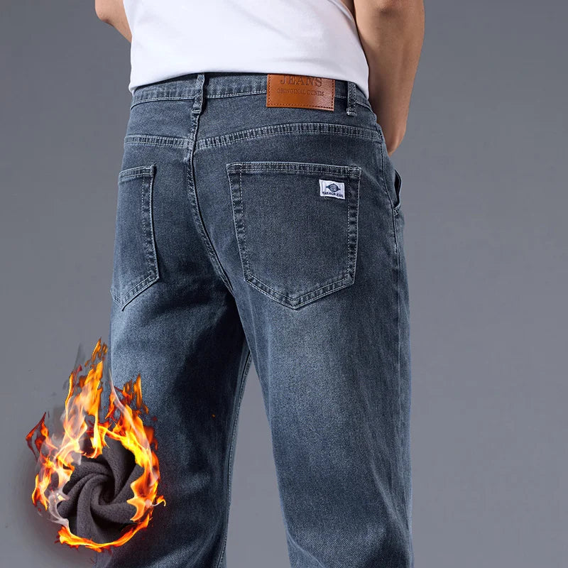 Elastic Business Jeans for Men's Fleece Thick Casual Warm Velvet Trousers Formal Office Daily Wear Plush Denim Trousers Men
