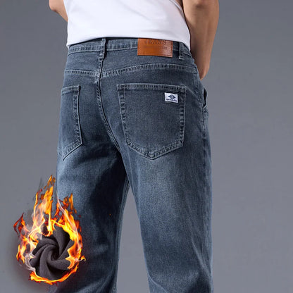 Elastic Business Jeans for Men's Fleece Thick Casual Warm Velvet Trousers Formal Office Daily Wear Plush Denim Trousers Men